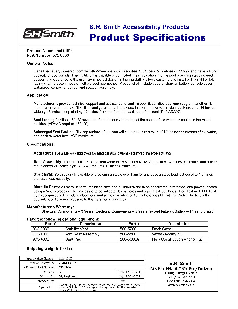 srs 1202 multilift specifications page 1